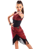 Red Glitz centre Ruched Skirt with Black Fringe