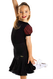 Black Crepe Leotard with Red Glitz Puff Sleeves