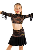 Tan&Black Lace Crop Top With Lace Flounce Sleeves